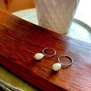 Silver Drop Pearl Hoop Earrings